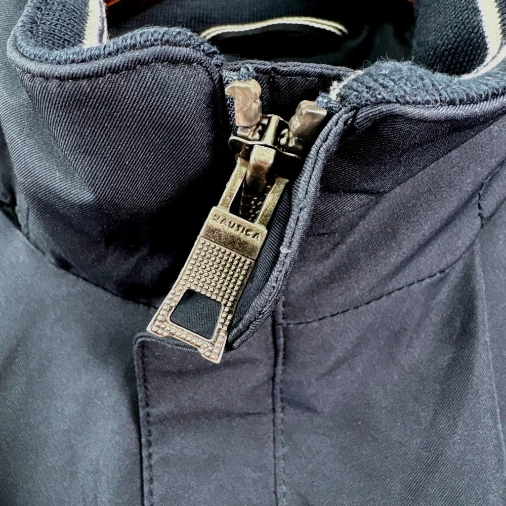 Nautica Mens Navy Blue Jacket Full Zip Hidden Hood Collar Logo Water Resistant S